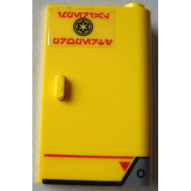 yellow door 1 x 3 x 4 right - open between top and bottom hinge with sw imperial logo red line triangle and aurebesh characters imperial property pattern sticker - set 75219
