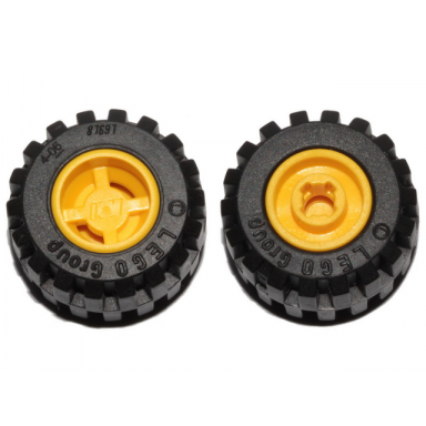 yellow wheel 11mm d x 12mm hole notched for wheels holder pin with black tire 21mm d x 12mm - offset tread small wide band around center of tread 6014b 87697