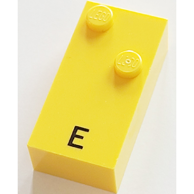 yellow brick braille 2 x 4 with 2 studs with black capital letter e pattern dots-15 â  french with antoine numbers