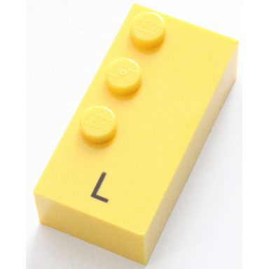 yellow brick braille 2 x 4 with 3 studs with black capital letter l pattern dots-123 â 