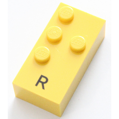 yellow brick braille 2 x 4 with 4 studs with black capital letter r pattern dots-1235 â 