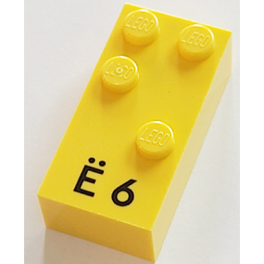 yellow brick braille 2 x 4 with 4 studs with black capital letter e with diaeresis ã number 6 pattern dots-1246 â « french with antoine numbers
