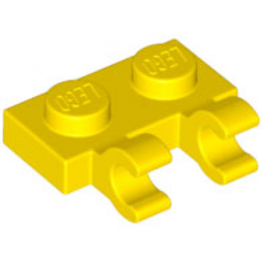 yellow plate modified 1 x 2 with 2 open o clips horizontal grip