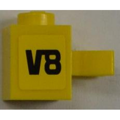 yellow brick modified 1 x 1 with u clip vertical grip - solid stud with black v8 pattern model left side sticker - set 8186