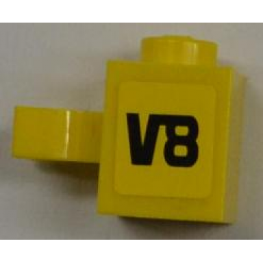 yellow brick modified 1 x 1 with u clip vertical grip - solid stud with black v8 pattern model right side sticker - set 8186