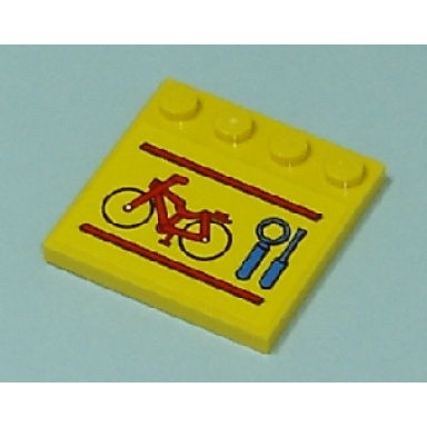 yellow tile modified 4 x 4 with studs on edge with red bicycle and lines blue wrench and screwdriver pattern sticker - set 7641