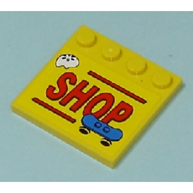 yellow tile modified 4 x 4 with studs on edge with red shop and lines blue skateboard white helmet pattern sticker - set 7641