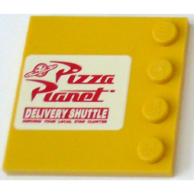 yellow tile modified 4 x 4 with studs on edge with pizza planet logo and delivery shuttle pattern model left side