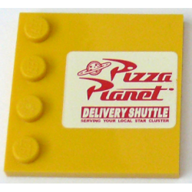 yellow tile modified 4 x 4 with studs on edge with pizza planet logo and delivery shuttle pattern model right side