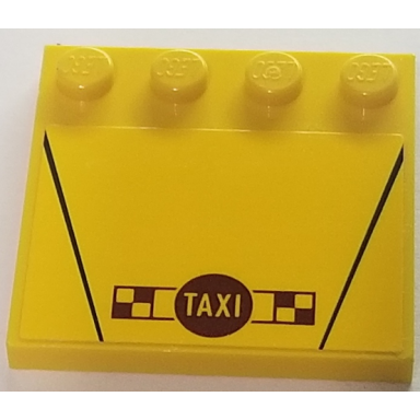 yellow tile modified 4 x 4 with studs on edge with black lines taxi in circle and checkered background pattern sticker - set 76057