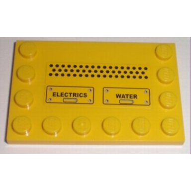 yellow tile modified 4 x 6 with studs on edges with black electrics and water pattern sticker - set 7632