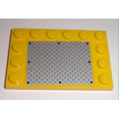 yellow tile modified 4 x 6 with studs on edges with black rivets on silver tread plate pattern sticker - sets 7632 7945