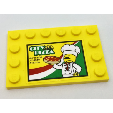 yellow tile modified 4 x 6 with studs on edges with chef city pizza store hours and italian flag colors pattern model left side sticker - set 60150