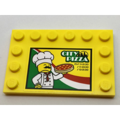 yellow tile modified 4 x 6 with studs on edges with chef city pizza store hours and italian flag colors pattern model right side sticker - set 60150