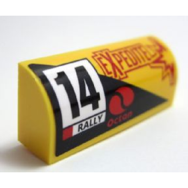 yellow slope curved 1 x 4 x 1 1 3 with number 14 rally octan and expedite pattern model right side sticker - set 60113
