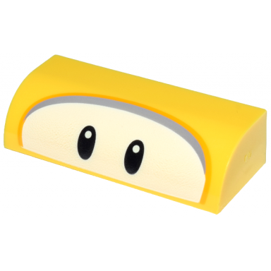 yellow slope curved 1 x 4 x 1 1 3 with black oval eyes on white background bright light orange and dark bluish gray border pattern super mario fliprus