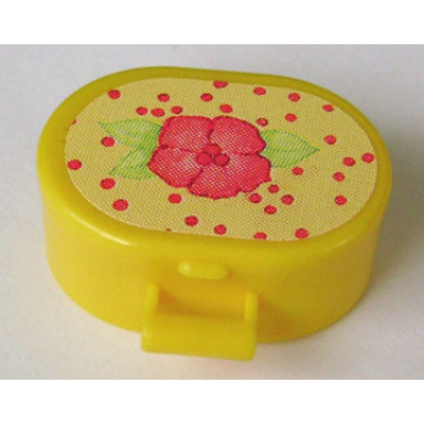 yellow scala utensil oval case with pink flower on front mirror on inside lid and red dots on light yellow pattern on both sides stickers - set 3119