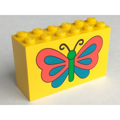 yellow brick 2 x 6 x 3 with butterfly with black antennae bright green body and red and blue wings pattern