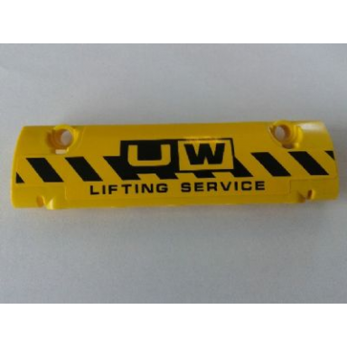yellow technic panel curved 11 x 3 with black and yellow danger stripes and uw lifting service pattern sticker - set 8258