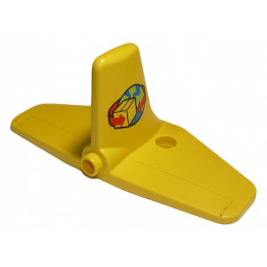 yellow duplo airplane cargo tail with box and arrows and globe pattern