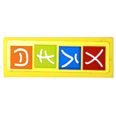 yellow tile 1 x 3 with white ninjago logogram arlo on red blue lime and orange squares pattern sticker - set 70607