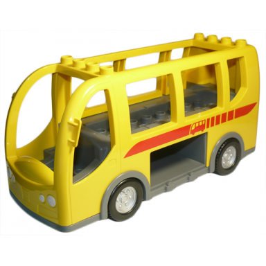 yellow duplo bus with dark bluish gray chassis and flat silver wheels with red bus silhouette and broken stripe pattern
