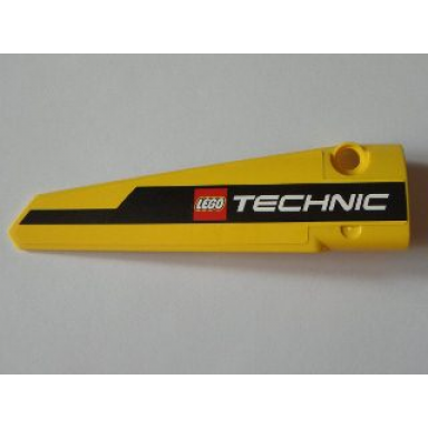 yellow technic panel fairing 6 long smooth side b with black line and lego technic logo pattern sticker - set 8043