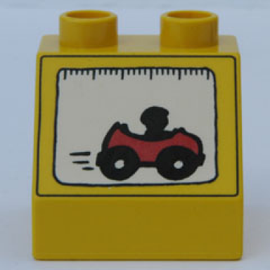 yellow duplo brick 2 x 2 x 1 1 2 slope 45 with race car pattern