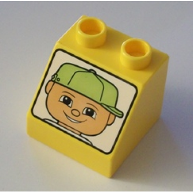 yellow duplo brick 2 x 2 x 1 1 2 slope 45 with boy with lime baseball cap pattern
