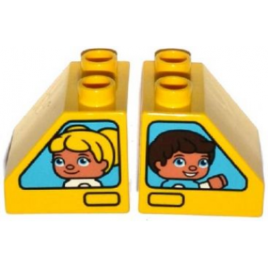 yellow duplo brick 2 x 2 x 1 1 2 slope 45 with window with boy girl pattern