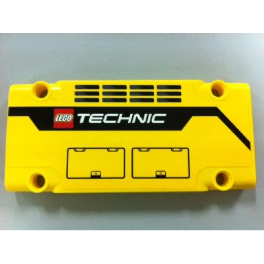 yellow technic panel plate 5 x 11 x 1 with grilles hatches and lego technic logo pattern model right side sticker - set 42009