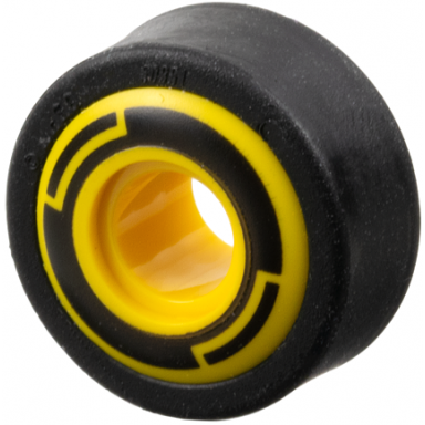 yellow wheel 11mm d x 8mm with center groove 8 spokes and smooth side with black circle and arcs pattern with black tire 14mm d x 6mm solid smooth 6683pb01 50945