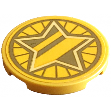 yellow tile round 3 x 3 with gold dalmatian dog tag with diagonal stripes and bright light yellow star pattern sticker - set 43269