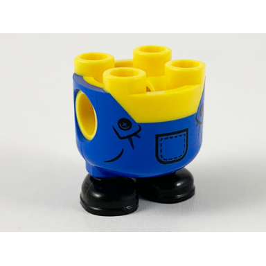 yellow lower body rounded short legs with molded blue overalls and black shoes and printed pocket and buttons pattern