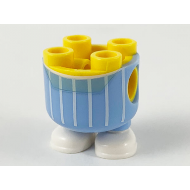 yellow lower body rounded short legs with molded bright light blue pants and white shoes and printed stripes pattern