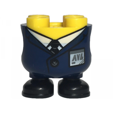 yellow lower body rounded short legs with molded dark blue jacket and black shoes and printed white shirt tie button and avl badge pattern