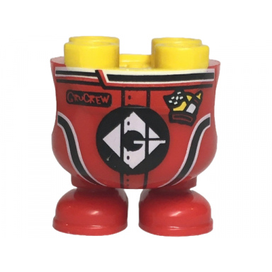 yellow lower body rounded short legs with molded red racing suit and shoes and printed black panels and stripes with grucrew gru and pit stop logo with flag pattern