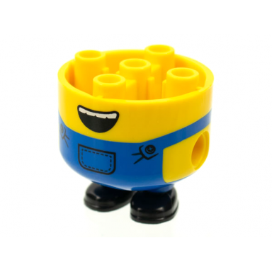 yellow lower body rounded extra wide short legs with blue overalls black shoes and open mouth with grin pattern