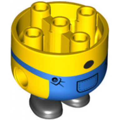 yellow lower body rounded extra wide short legs with blue overalls black shoes and surprised mouth pattern