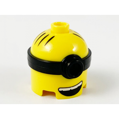 yellow minifigure head modified minion tall with molded black single lens goggles and printed hair and open mouth with white teeth pattern