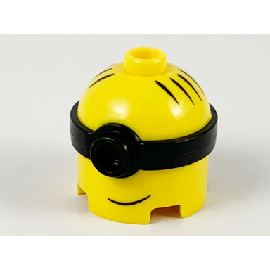 yellow minifigure head modified minion tall with molded black single lens goggles and printed hair and lopsided grin pattern