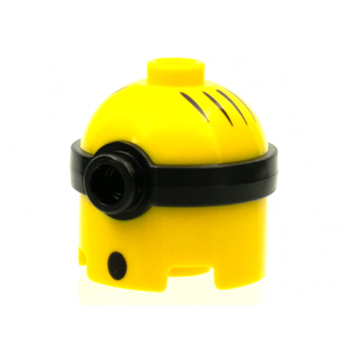 yellow minifigure head modified minion tall with molded black single lens goggles and printed hair and round mouth pattern