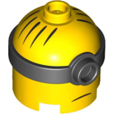 yellow minifigure head modified minion tall with molded black single lens goggles and printed hair and sad mouth pattern