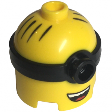 yellow minifigure head modified minion tall with molded black single lens goggles and printed hair and open mouth with white teeth and red tongue pattern