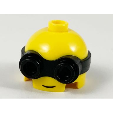 yellow minifigure head modified minion short with molded black goggles and printed grin pattern