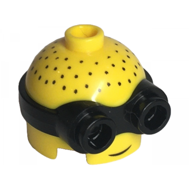 yellow minifigure head modified minion short with molded black goggles and printed grin and hair stubble pattern