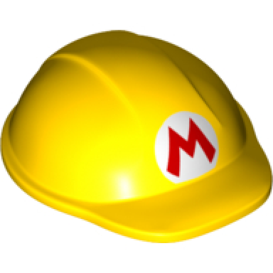 yellow large figure headgear super mario construction helmet with red capital letter m in white circle pattern builder mario
