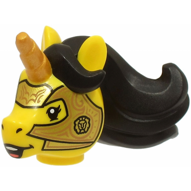 yellow minifigure head modified unicorn with molded black mane and printed gold horn and armor with copper lines pattern bam