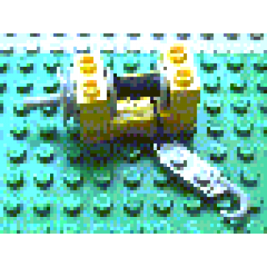 yellow string reel winch 2 x 4 x 2 with light gray drum with black string and light gray crane hook left
