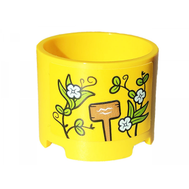 yellow brick round 3 x 3 x 2 with recessed center and axle hole with wooden sign and plants with flowers pattern sticker - set 41707